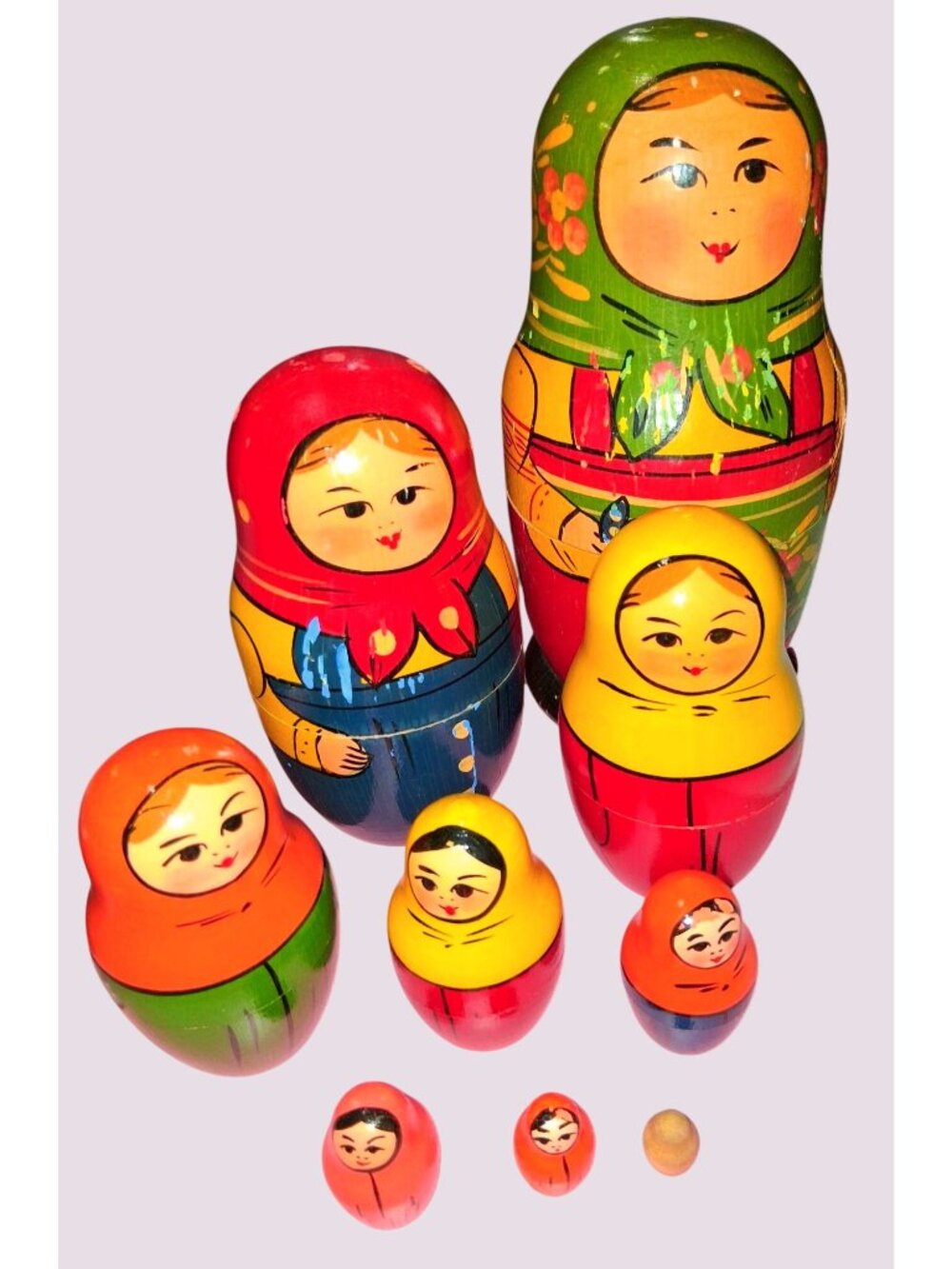 Vintage Wooden Russian Nesting Dolls Set Of 9 Hand-Painted Bright Floral Design
